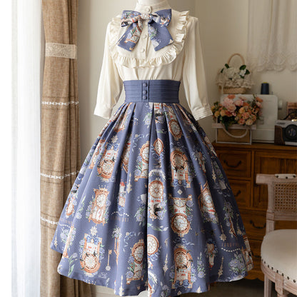 Elegant Clock Flower Skirt Bow Blouse Set SE22734