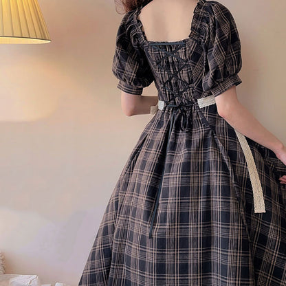 Elegant Lace Bow Plaid Dress SE22887