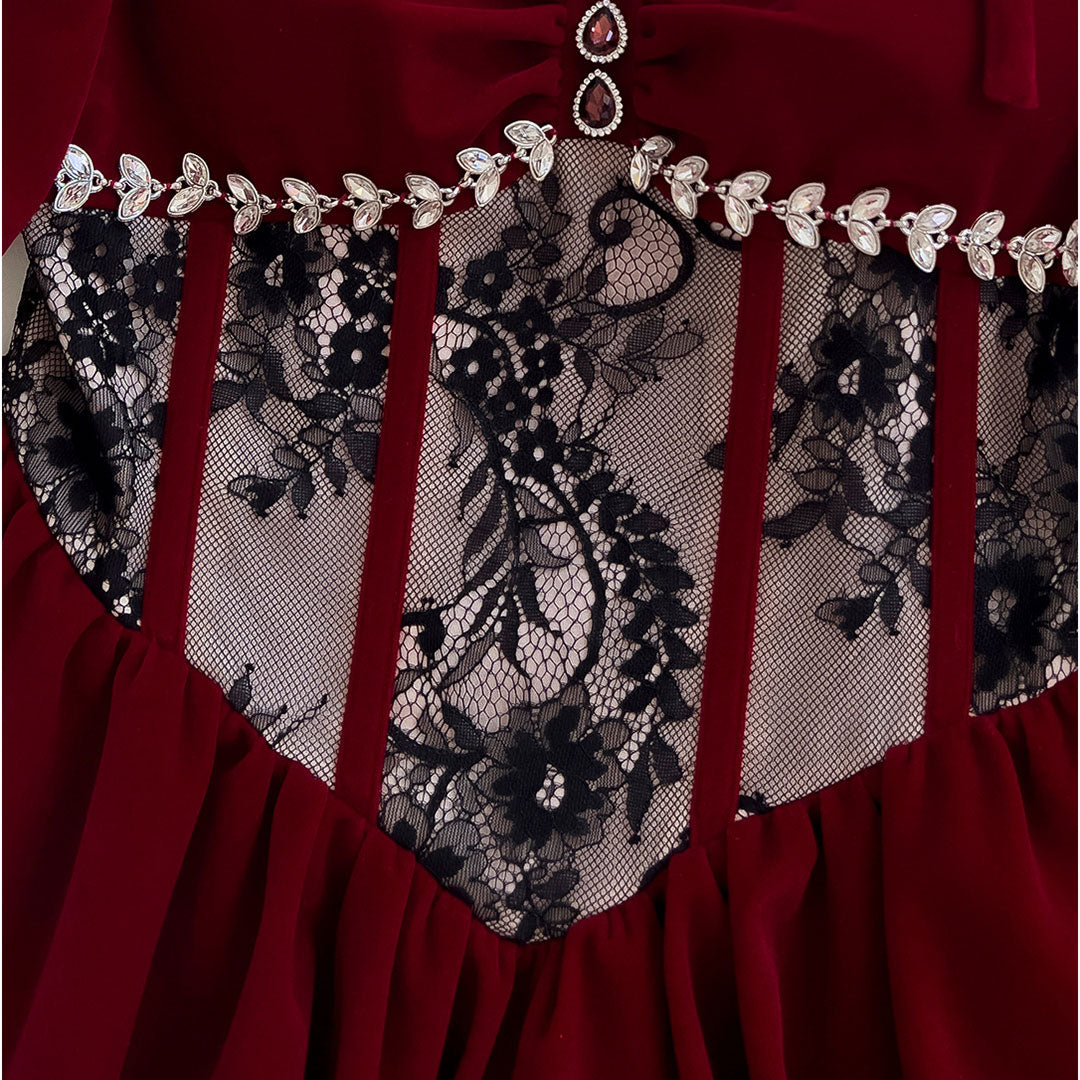Elegant Velvet Lace Floral Dress SE22880