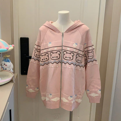 Embroidered Bear Strawberry Sweater Hoodie Coat SE23641