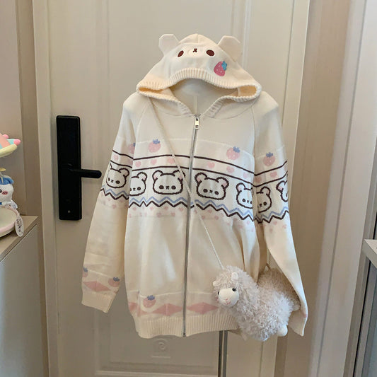 Embroidered Bear Strawberry Sweater Hoodie Coat SE23641