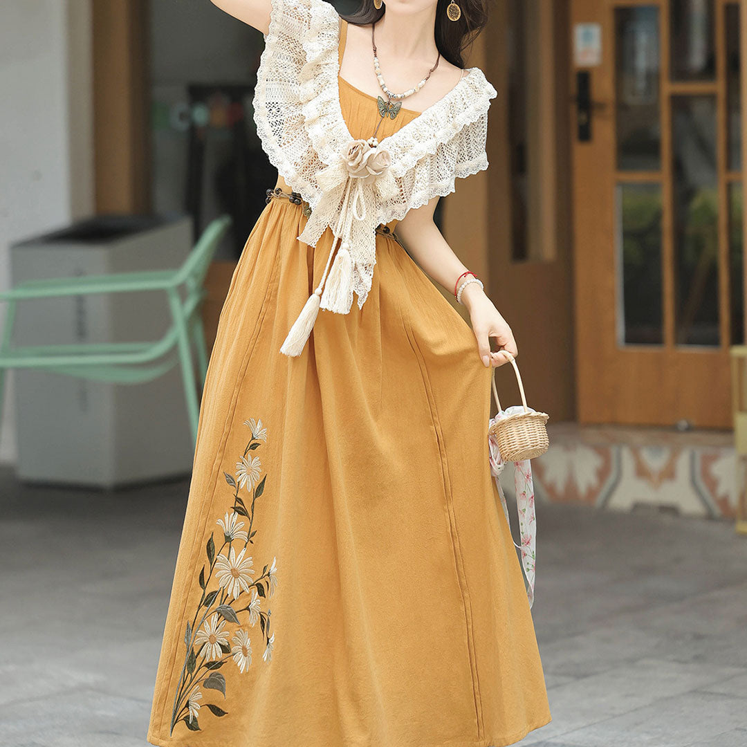 Embroidered Flower Yellow Dress Set SE23218