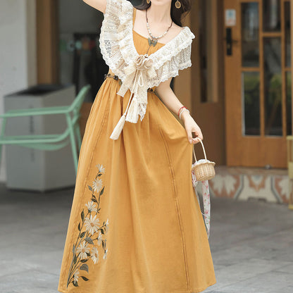 Embroidered Flower Yellow Dress Set SE23218