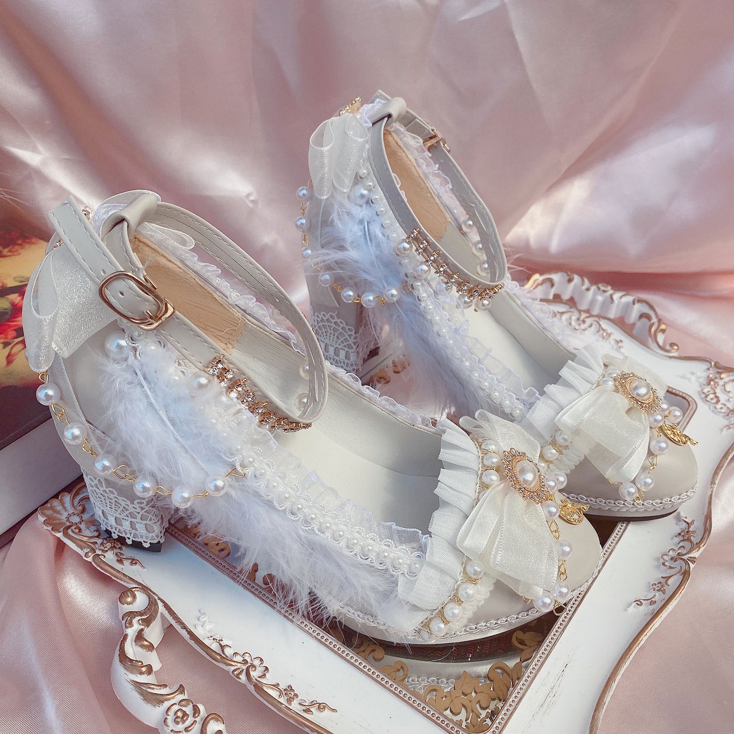 Feather beaded Lace Flower Shoes SE23365