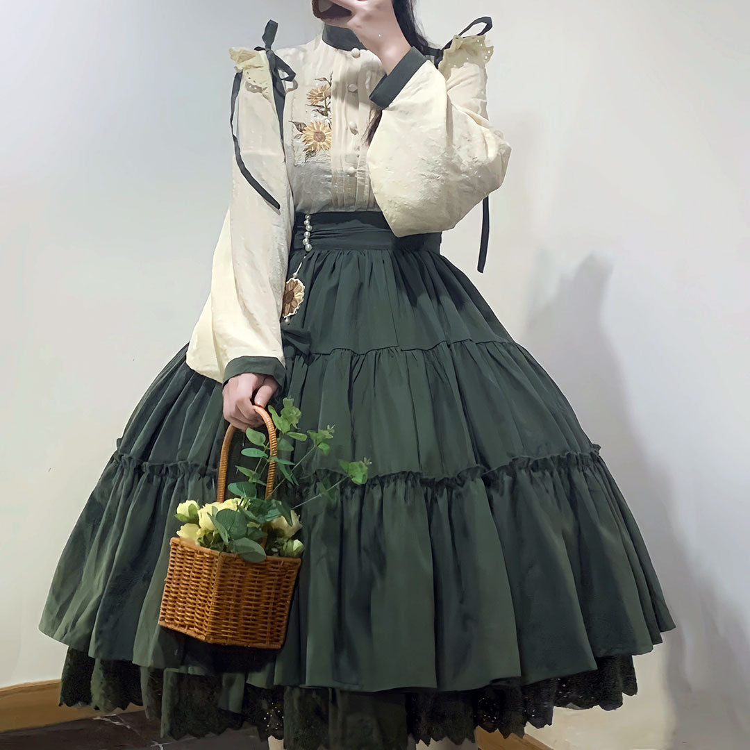 Floral Blouse Fringed Green Skirt Set SE22984