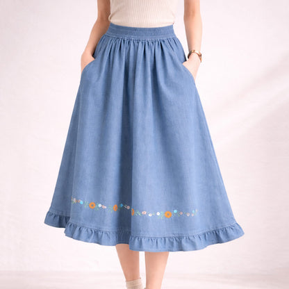 Floral Embroidered Denim Midi Skirt SE23948