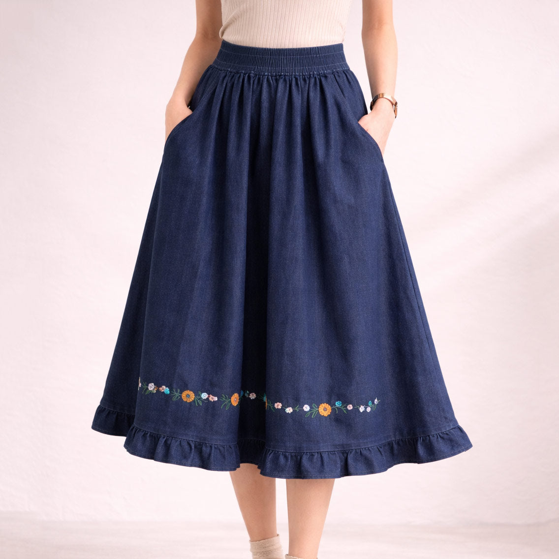 Floral Embroidered Denim Midi Skirt SE23948