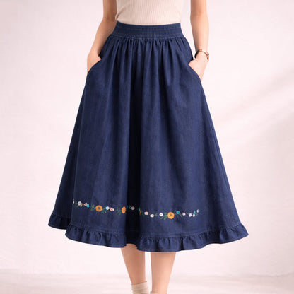 Floral Embroidered Denim Midi Skirt SE23948