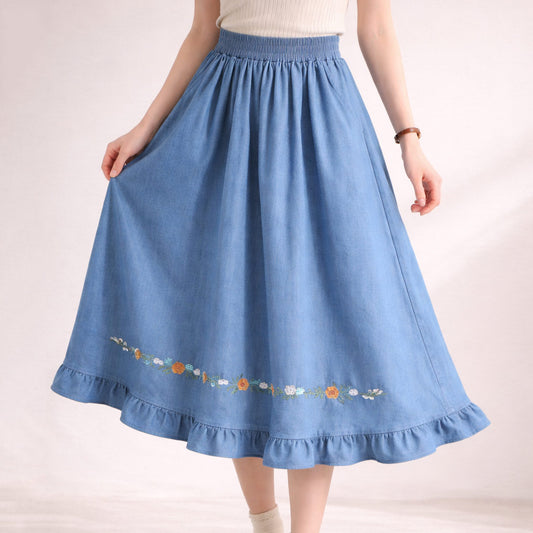 Floral Embroidered Denim Midi Skirt SE23948