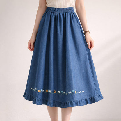 Floral Embroidered Denim Midi Skirt SE23948