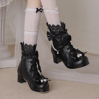 Flower Bow Beaded Chunky Heel Boots SE22915