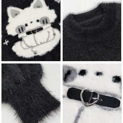 Fluffy Black Oversized Sweater with Cute White Cat SE23809