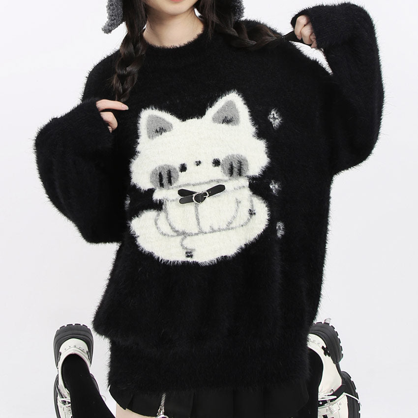 Fluffy Black Oversized Sweater with Cute White Cat SE23809