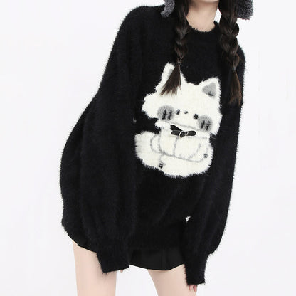 Fluffy Black Oversized Sweater with Cute White Cat SE23809