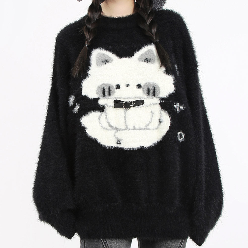 Fluffy Black Oversized Sweater with Cute White Cat SE23809