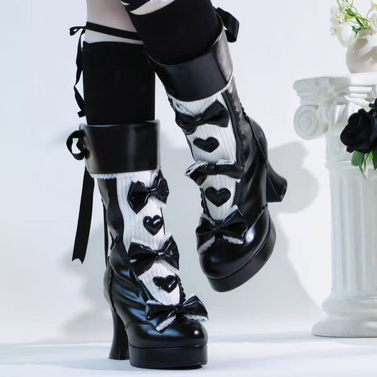 Gothic Lolita Platform Boots Adorned with Black Bows SE23796