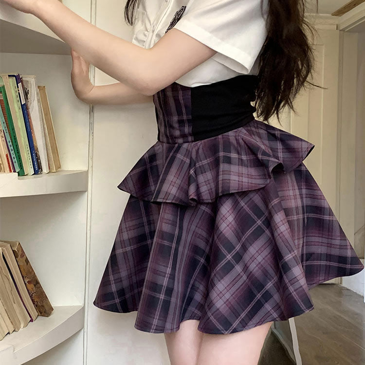 High Waisted Purple Plaid Skirt Set SE22730