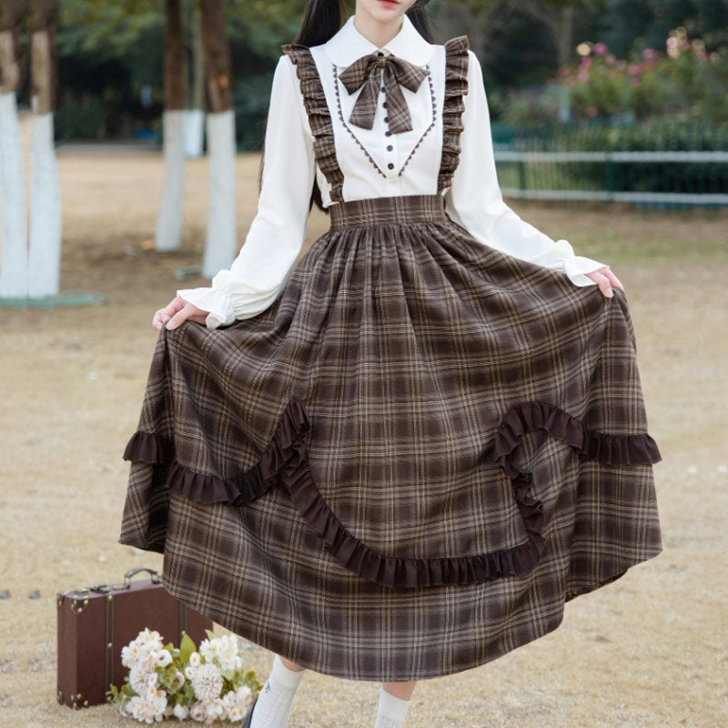 JK Bow Shirt Plaid Skirt Set SE23724