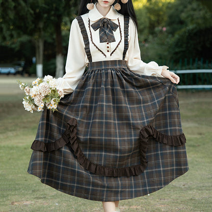 JK Bow Shirt Plaid Skirt Set SE23724