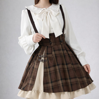 Kawaii Plaid Suspender Skirt Set with Bow Blouse SE23942