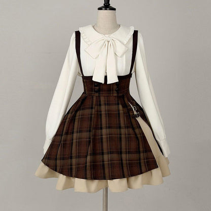 Kawaii Plaid Suspender Skirt Set with Bow Blouse SE23942