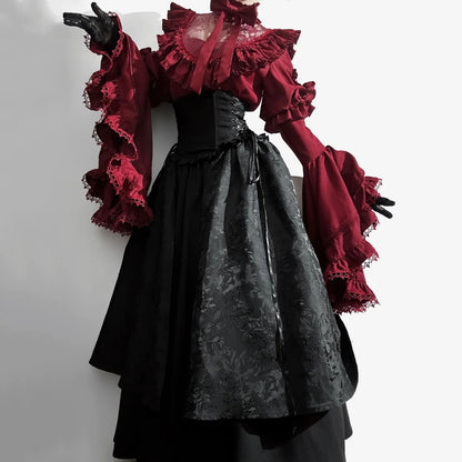 Lace Blouse Black Skirt Set SE23422