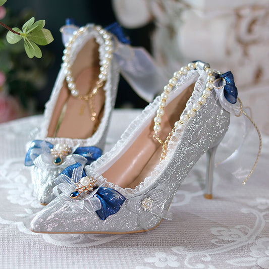 Lace Blue Bow Heel Shoes SE23388