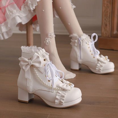 Lace Bow Beaded Heel Shoes SE22919