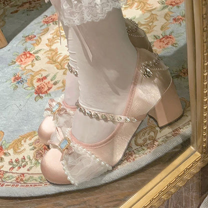 Lace Bow Beaded Heels Shoes SE23431
