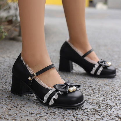 Lace Bow Buckle Heel Shoes SE23219