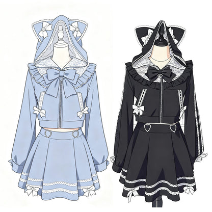 Lace Bow Cat Hoodie Skirt Set SE23755