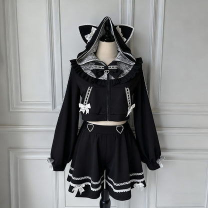 Lace Bow Cat Hoodie Skirt Set SE23755