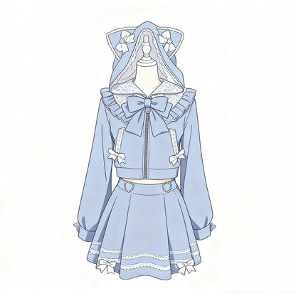 Lace Bow Cat Hoodie Skirt Set SE23755
