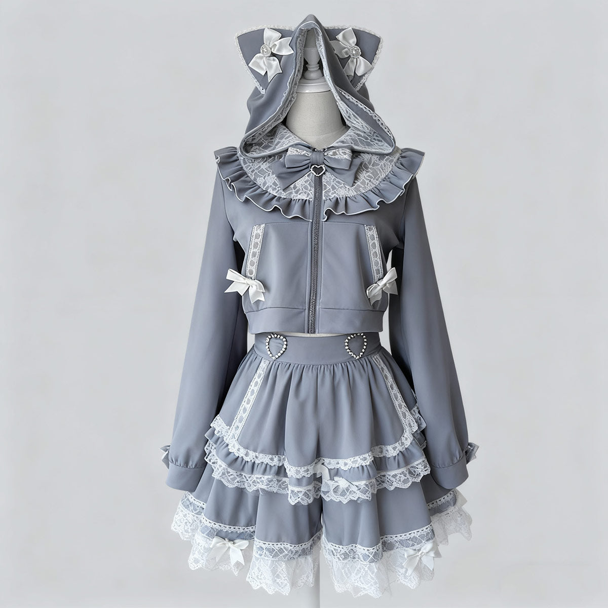 Lace Bow Cat Hoodie Skirt Set SE23755