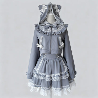 Lace Bow Cat Hoodie Skirt Set SE23755