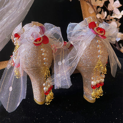 Lace Bow Gold Heels Shoes SE23630