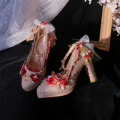 Lace Bow Gold Heels Shoes SE23630