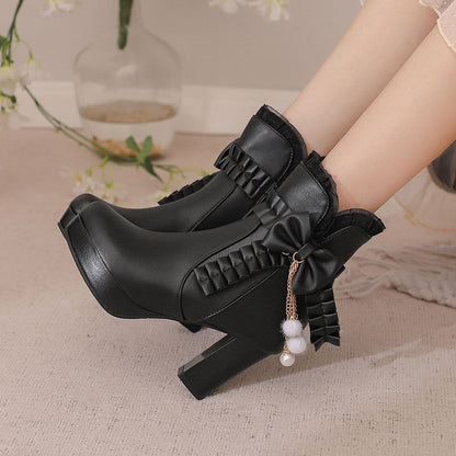 Lace Bow Heels Chunky Shoes SE22924