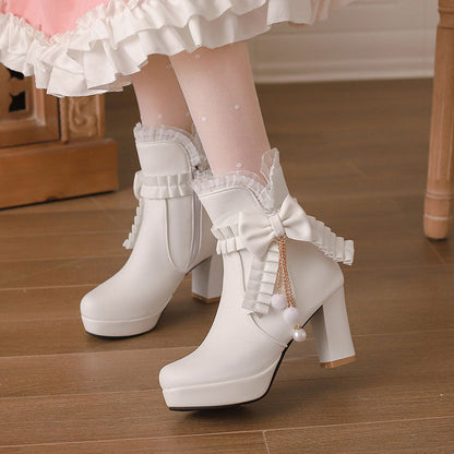 Lace Bow Heels Chunky Shoes SE22924