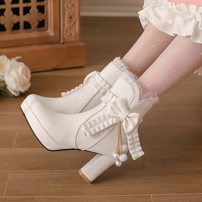 Lace Bow Heels Chunky Shoes SE22924