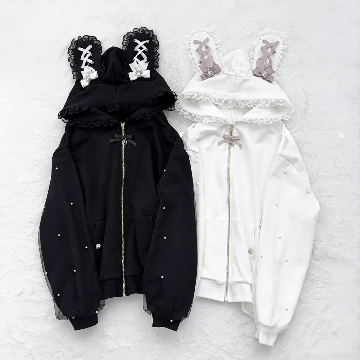 Lace Bow Rabbit Ears Pearl Hoodie Coat SE23899