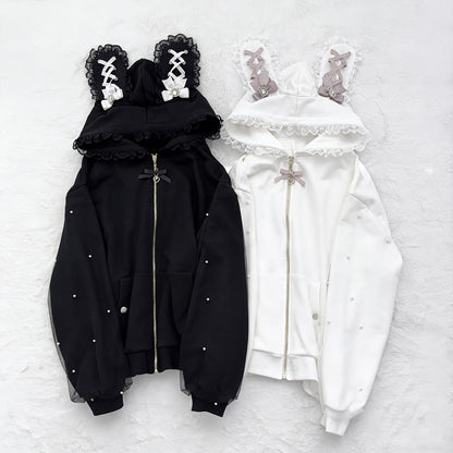 Lace Bow Rabbit Ears Pearl Hoodie Coat SE23899