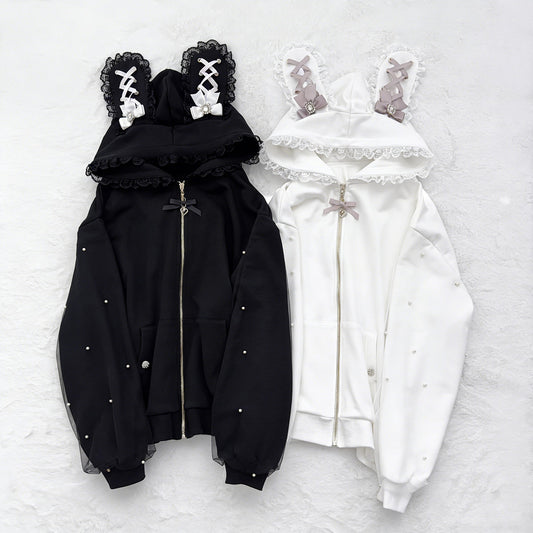 Lace Bow Rabbit Ears Pearl Hoodie Coat SE23899