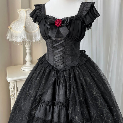 Lace Bow Rose Black Dress SE22711