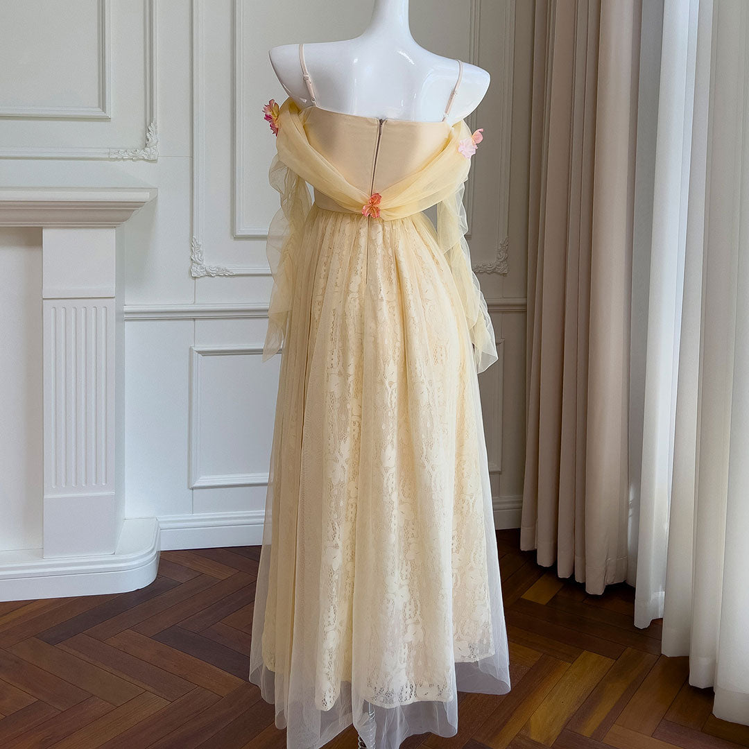 Lace Floral Yellow Mesh Dress SE23145