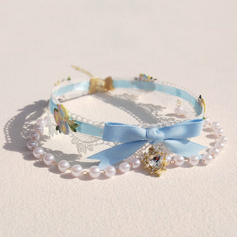 Lace Flower Bow Pearl Necklace SE23654