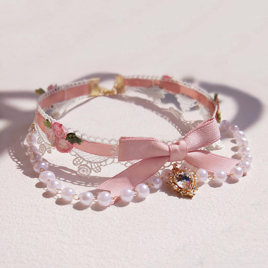 Lace Flower Bow Pearl Necklace SE23654