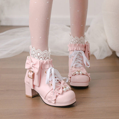 Lace Flower Bow Pocket Heel Shoes SE22916