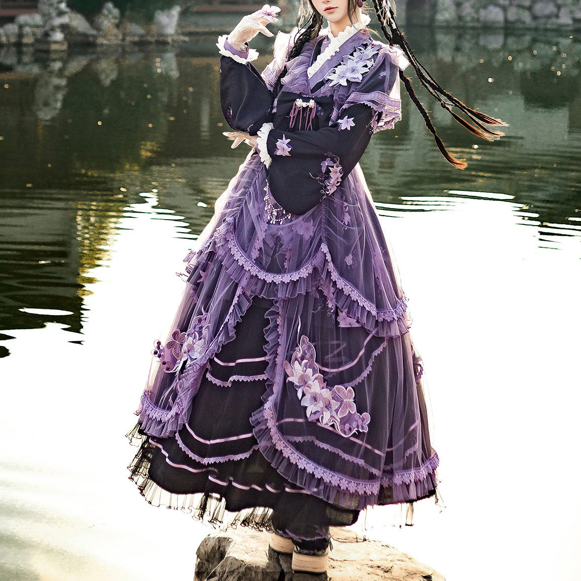 Lace Flower Purple Bow Dress Set SE23845