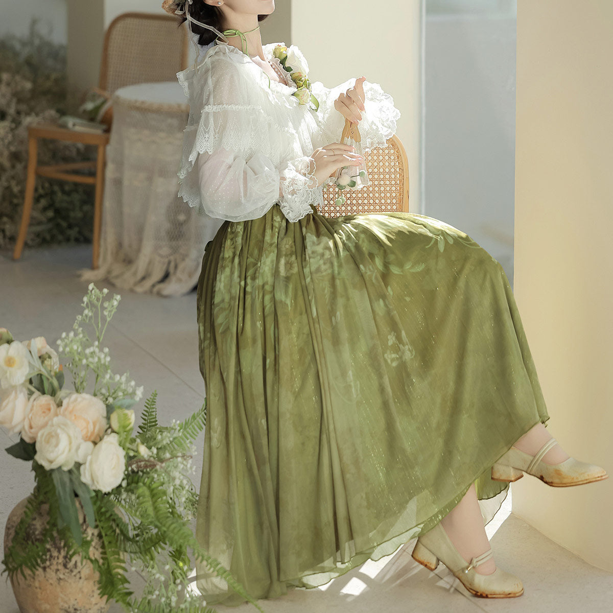Lace Flower Shirt Skirt Set SE23693